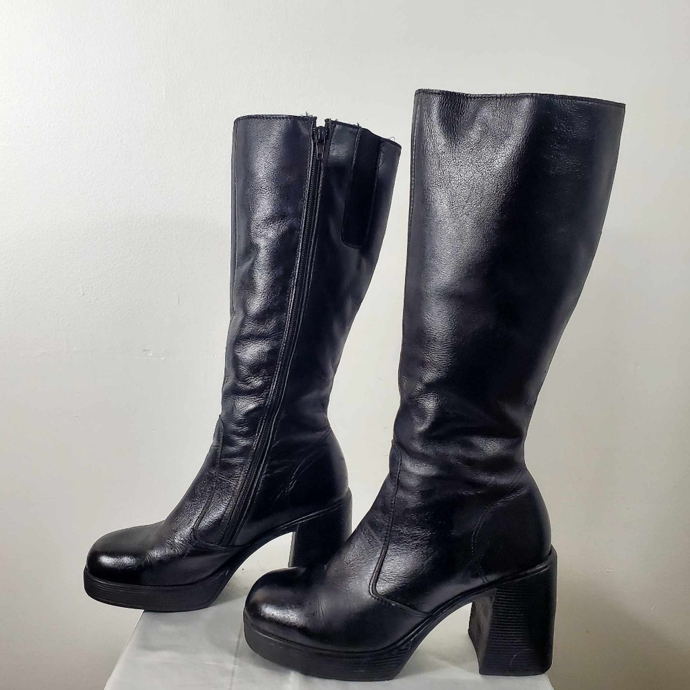 Vintage Black Leather Platform Heeled Knee Boots